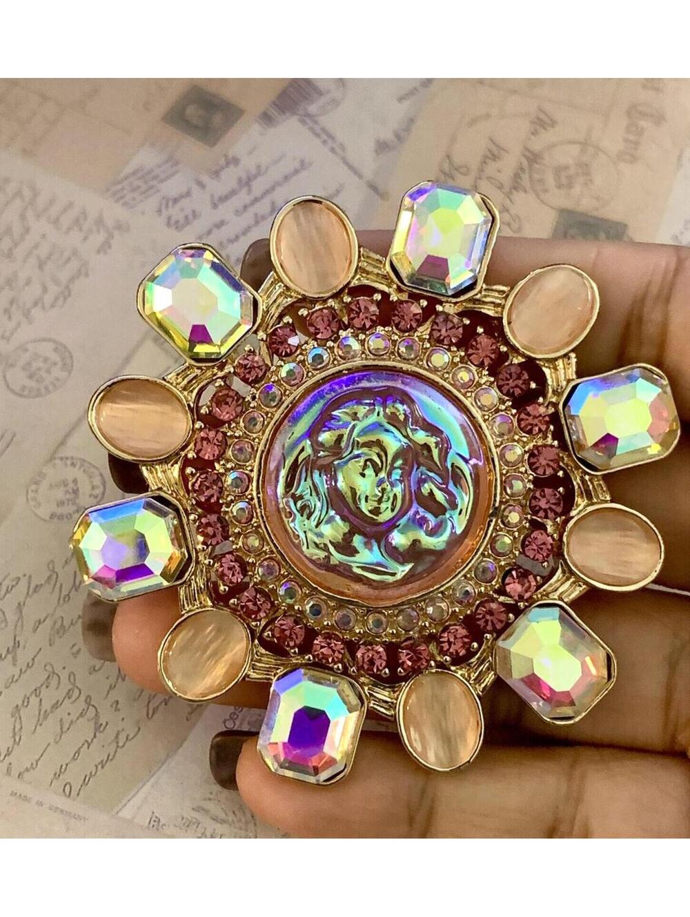 Rose Goldtone Iridescent Cameo Sunburst Goddess Portrait Rhinestone Brooch - Picture 4 of 4